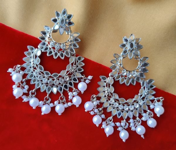 Silver Bloom Pearl Chandbali Earrings