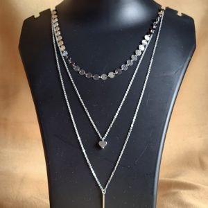 Elegant Layered Silver Necklace with Heart & Bar Pendant