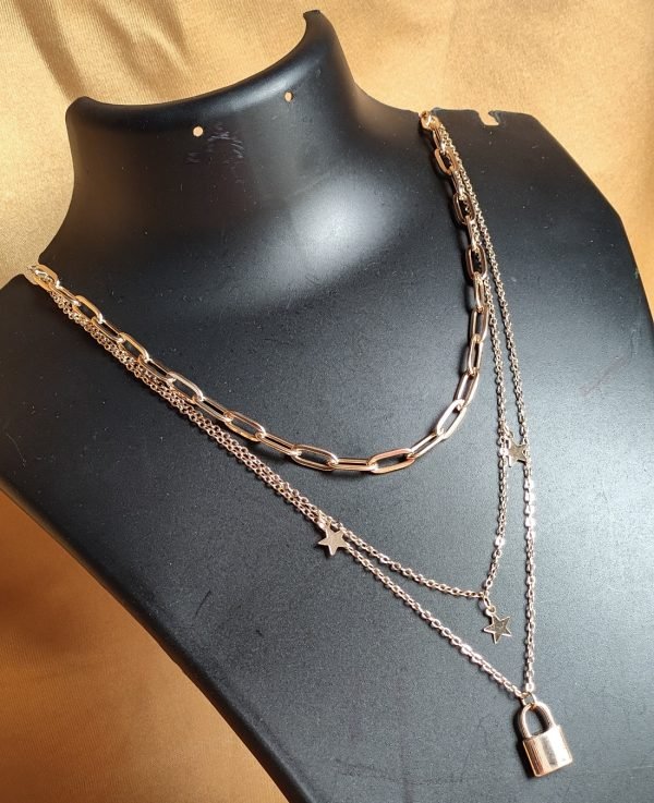 Layered Star & Lock Pendant Chain Necklace