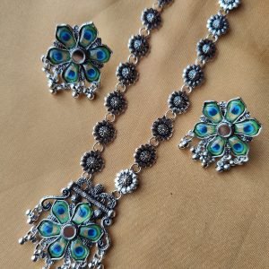 Peacock Feather Motif Oxidized Necklace Set