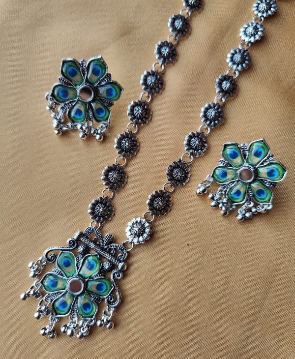 Peacock Feather Motif Oxidized Necklace Set