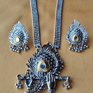 Oxidized Silver Krishna Flute Necklace Set with Earrings