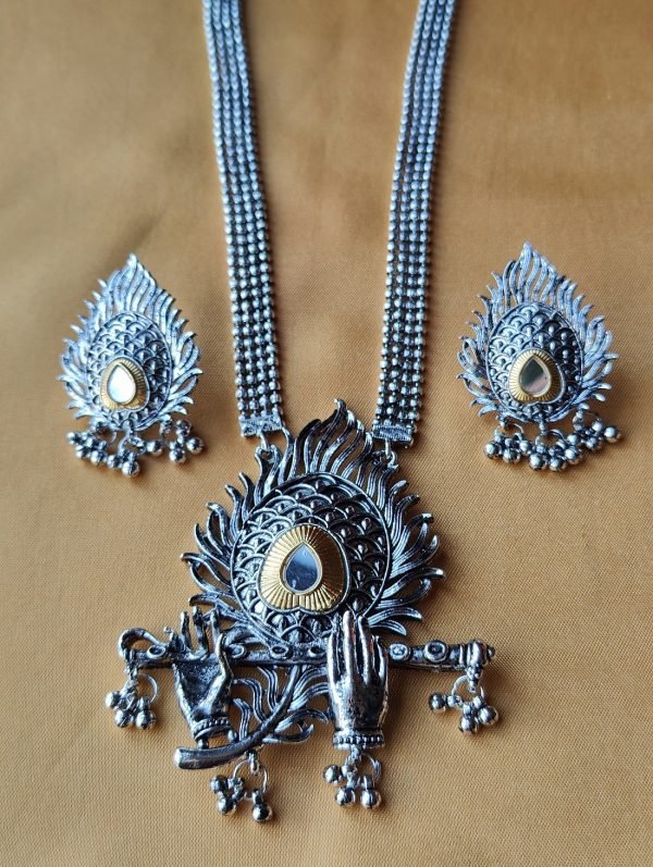 Oxidized Silver Krishna Flute Necklace Set with Earrings