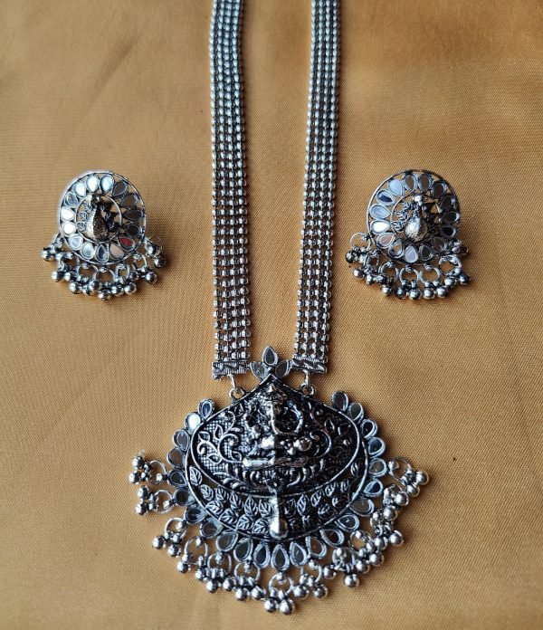 Oxidized Silver Goddess Lakshmi Necklace Set with Earrings