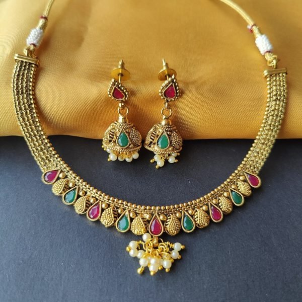 Traditional Gold-Plated Necklace with Jhumka Earrings