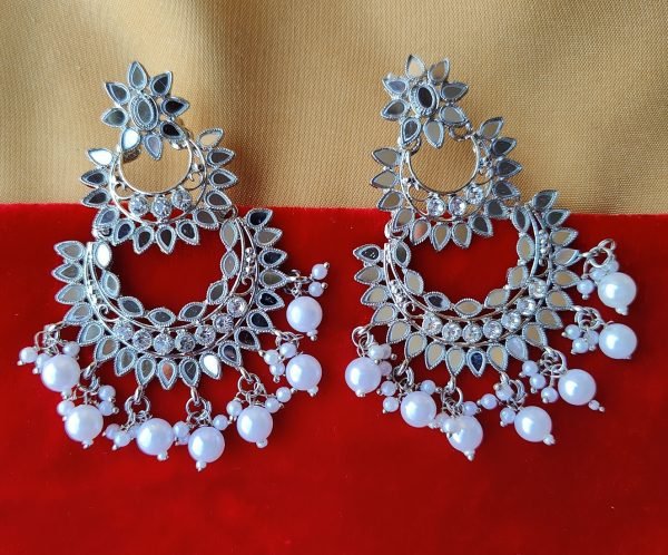 Elegant Silver Chandbali Earrings with Pearl Drops