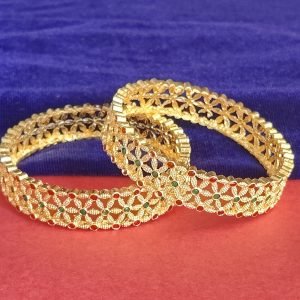 Floral Design Gold-Plated Bangles with Red & Green Stones