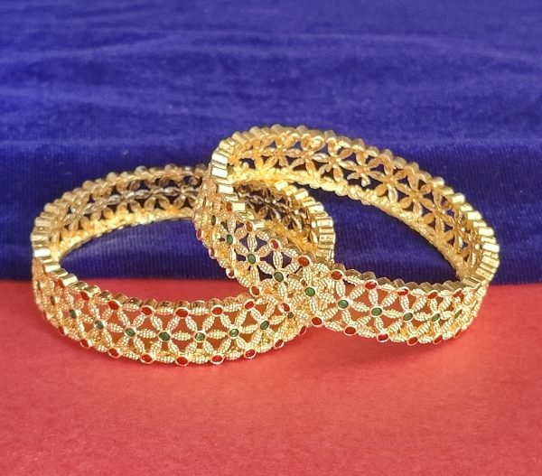 Floral Design Gold-Plated Bangles with Red & Green Stones