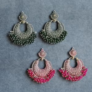 Antique Oxidised Hoop Earrings with Bead Work (Green & Pink)