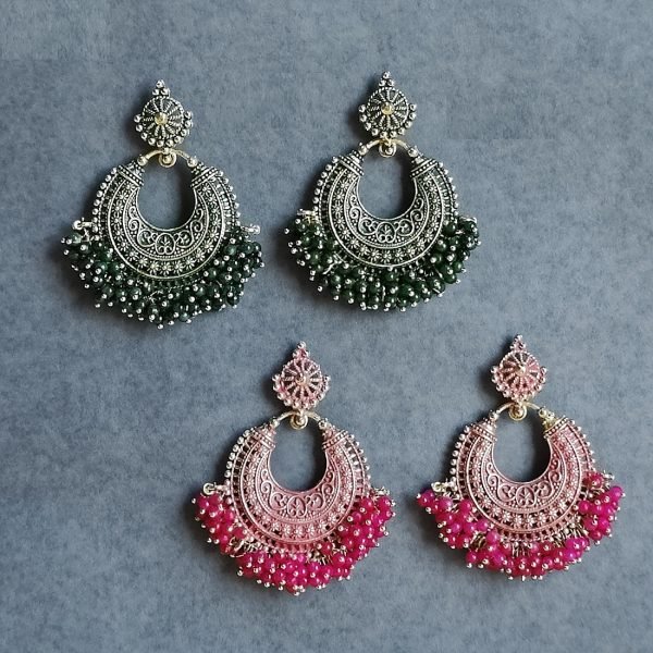 Antique Oxidised Hoop Earrings with Bead Work (Green & Pink)