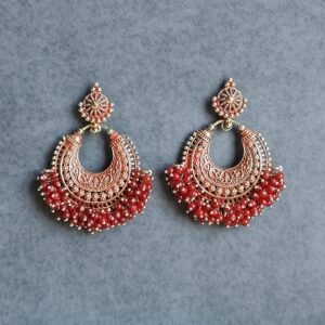 Antique Red Beaded Oxidised Hoop Earrings