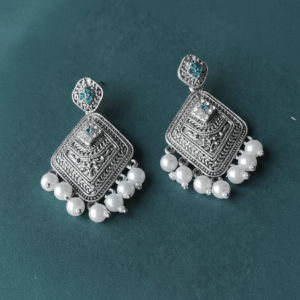Antique Silver-Plated Earrings with Blue Stones and Pearl Drops