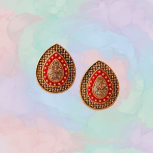 Antique Gold-Plated Red Teardrop Stud Earrings with Intricate Detailing and Stone Embellishments