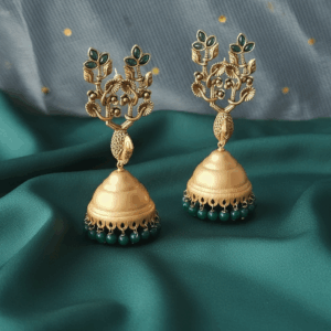 Traditional Antique Gold Jhumka Earrings with Green Bead Detailing and Floral Motif Design