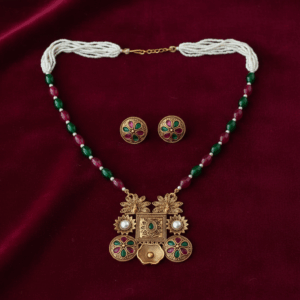 Antique Gold Temple Necklace Set with Ruby-Green Beads & Enamel Pendant
