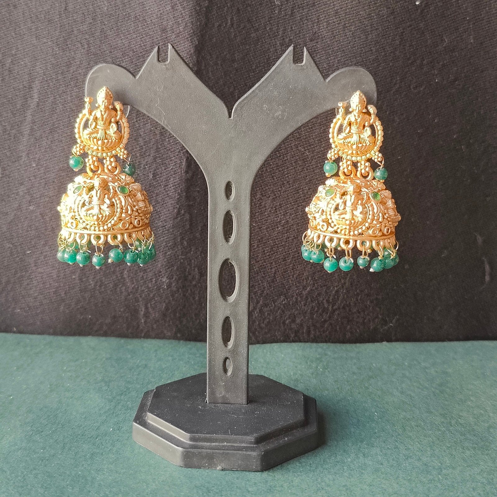 Traditional Gold-Toned Temple Jhumka Earring Green Beads Alloy Jhumki Earring - Image 3