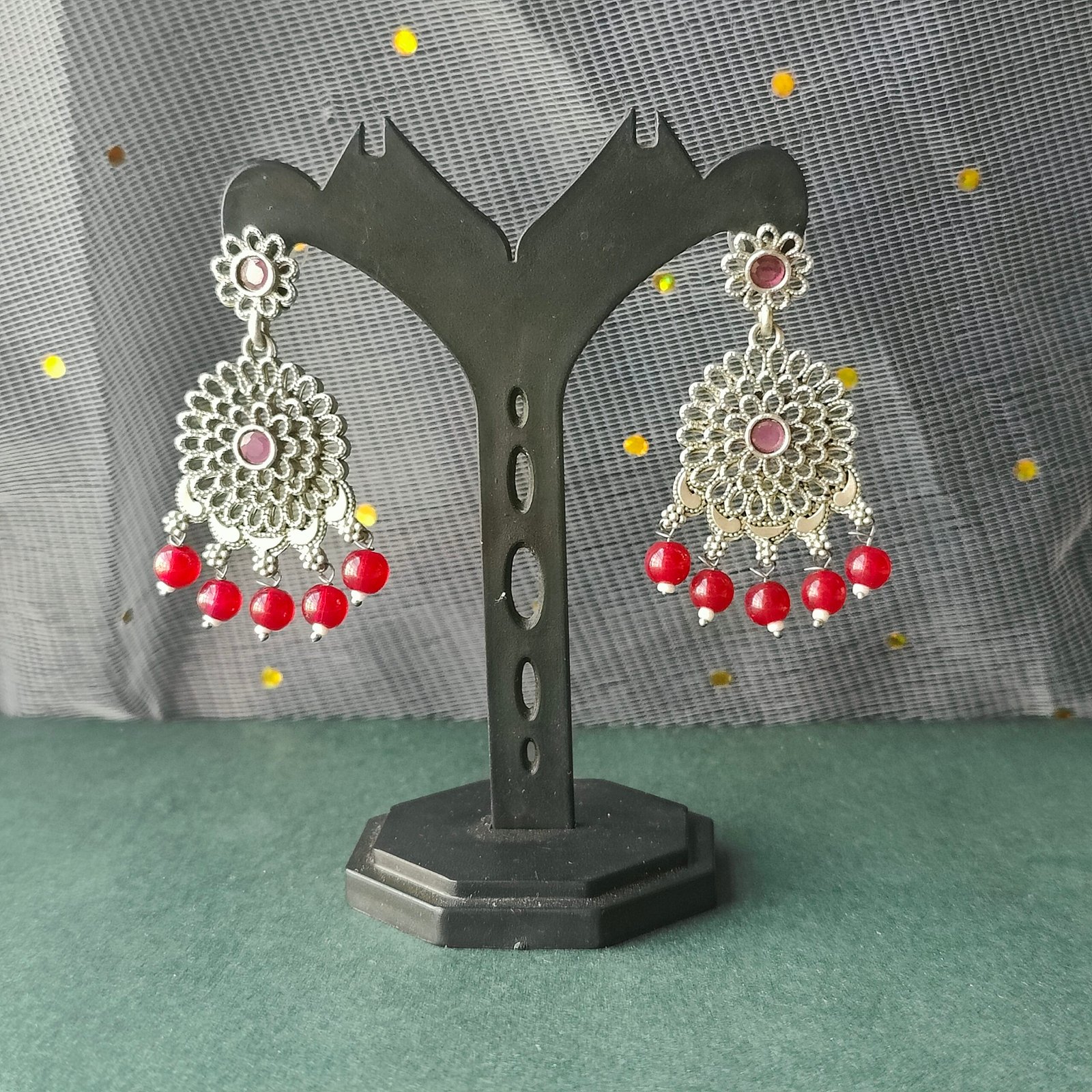 Classic Silver-Tone Filigree Earrings with Ruby Pink Stones & Red Bead Drops - Image 2