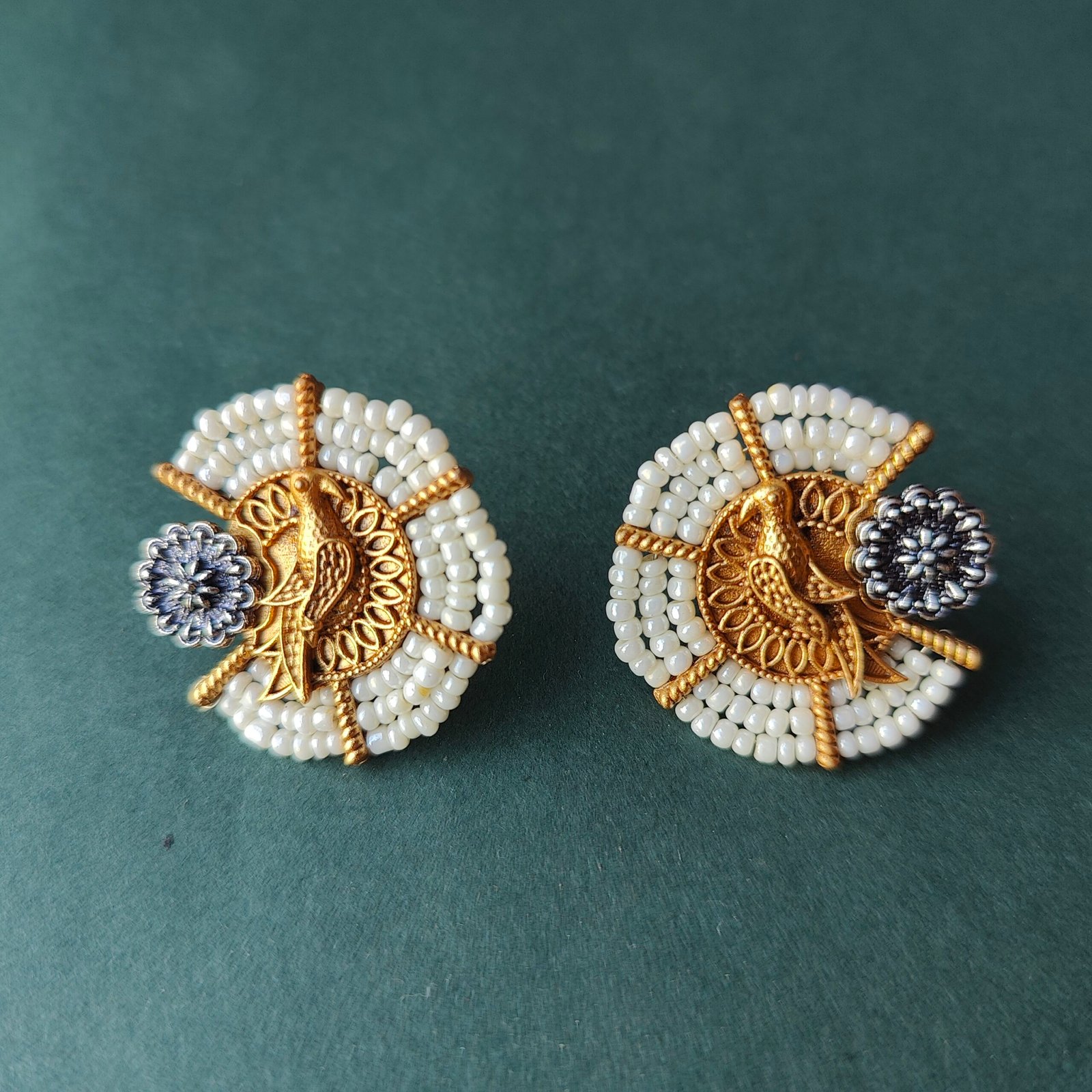 Handcrafted Antique Gold Peacock Stud Earrings with Pearl Bead Work - Image 2