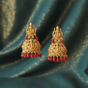 Temple-Inspired Antique Gold Jhumka Earrings with Pink Bead Drops