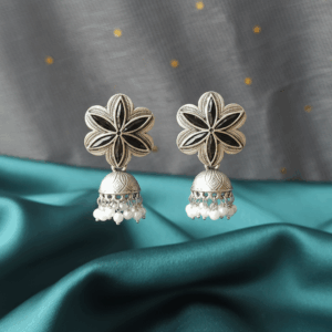 Oxidized Silver Floral Black Stone Jhumka Earrings with Pearl Drops