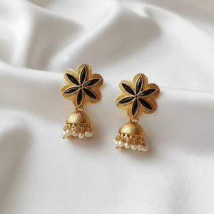 Gold Floral Black Enamel Jhumka Earrings with Pearl Drops