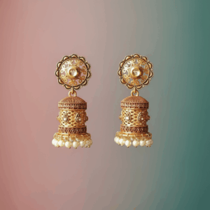 Regal Antique Gold Jhumka Earrings with Intricate Filigree