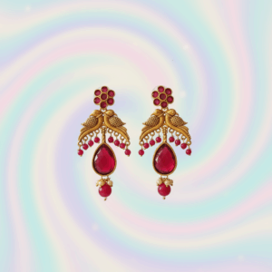 Royal Bird Motif Earrings with Ruby Red Stones & Antique Gold Detailing