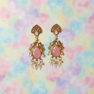 Elegant Antique Gold Chandelier Earrings with Baby Pink Stone & Pearl Drops