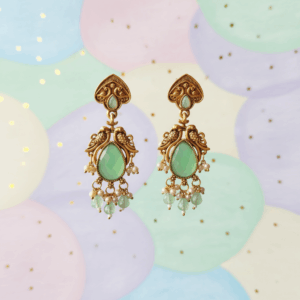 Elegant Antique Gold Chandelier Earrings with Mint Green Stone & Pearl Drops