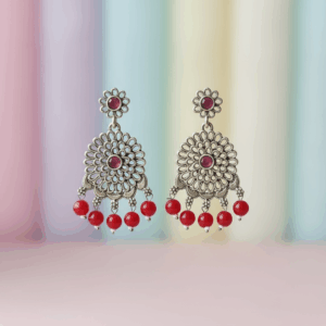 Classic Silver-Tone Filigree Earrings with Ruby Pink Stones & Red Bead Drops