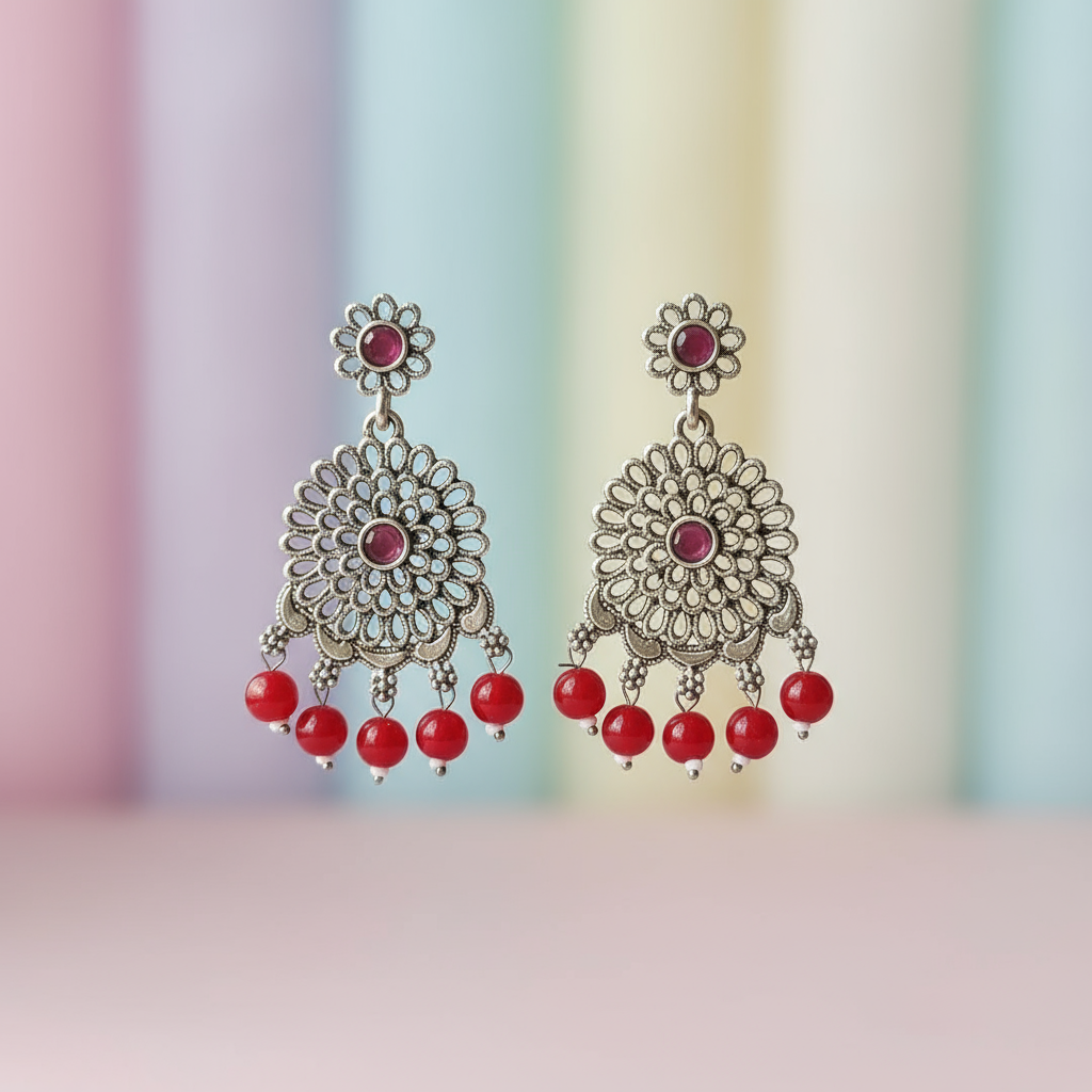 Classic Silver-Tone Filigree Earrings with Ruby Pink Stones & Red Bead Drops