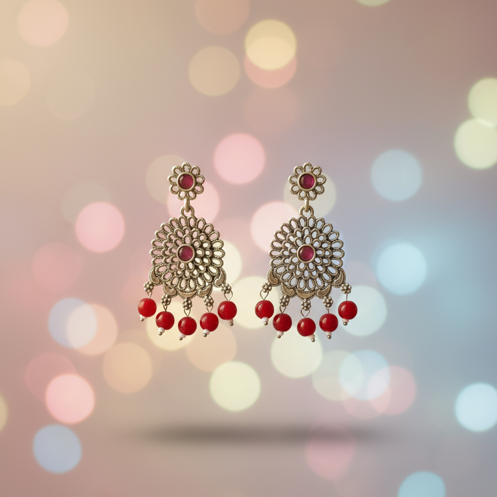 Classic Silver-Tone Filigree Earrings with Ruby Pink Stones & Red Bead Drops - Image 4