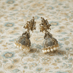 Antique Gold Temple Jhumka Earrings with Goddess Motif & Pearl Drops
