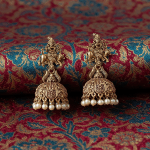 Antique Gold Temple Jhumka Earrings with Goddess Motif & Pearl Drops