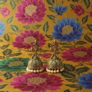 Antique Gold Temple Jhumka Earrings with Goddess Motif & Pearl Drops (Copy)