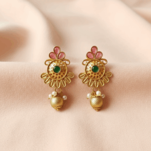 Antique Gold Floral Stud Earrings with Green Stone & Pearl Danglers