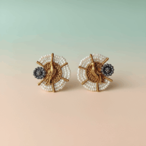 Handcrafted Antique Gold Peacock Stud Earrings with Pearl Bead Work