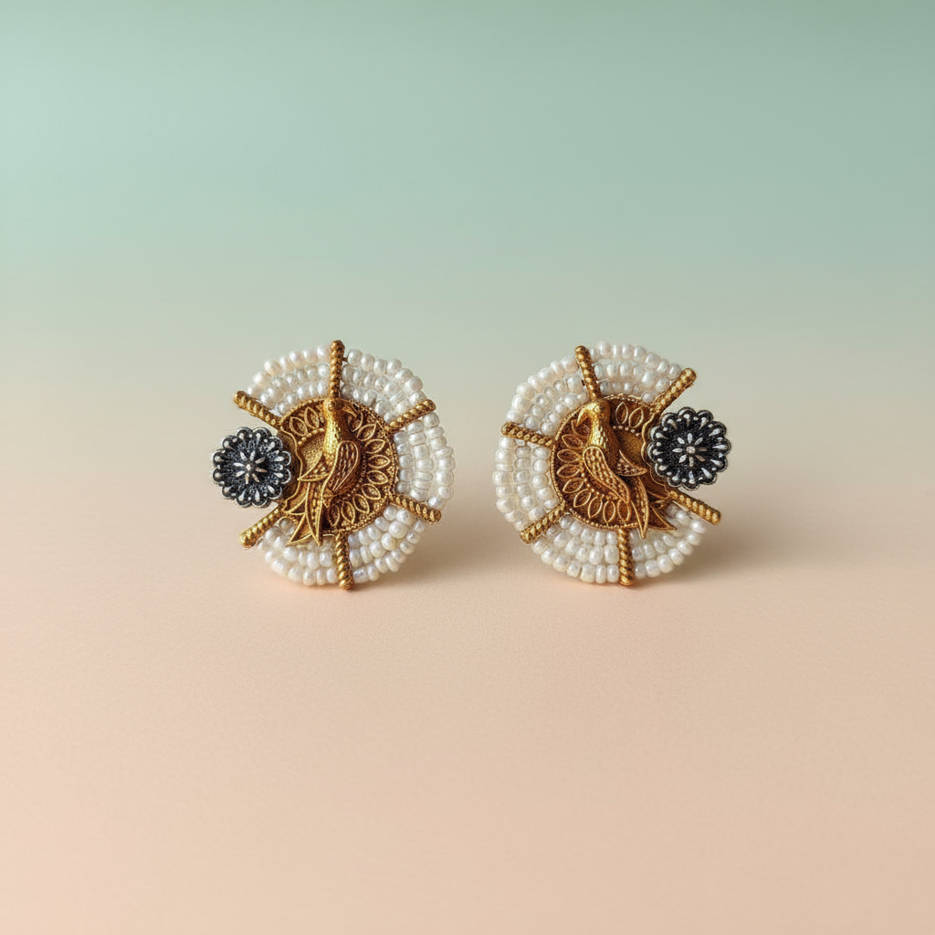 Handcrafted Antique Gold Peacock Stud Earrings with Pearl Bead Work