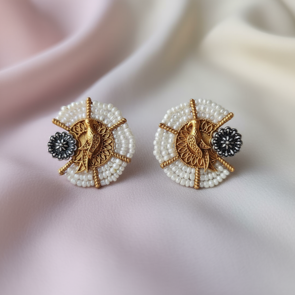 Handcrafted Antique Gold Peacock Stud Earrings with Pearl Bead Work - Image 5