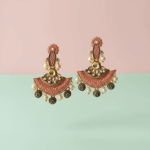 Antique Gold Enamel Chandbali Earrings with Pearl & Coin Danglers