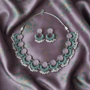 Elegant Silver-Tone Statement Necklace Set with Mint Green Stones & Pearl Accents