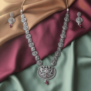 Oxidised Silver Temple Necklace Set with Goddess Lakshmi Motif & Ruby Drops