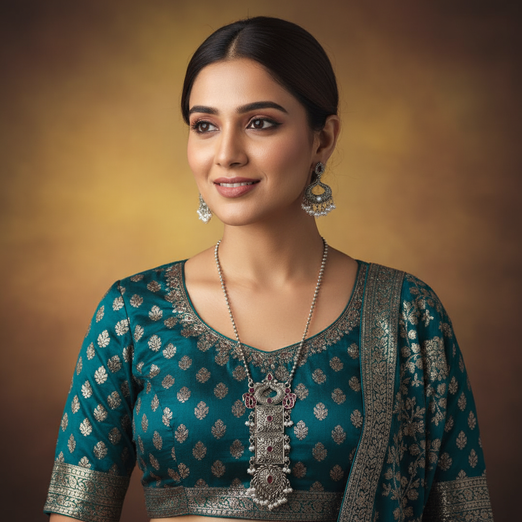 Oxidised Silver Long Pendant Necklace Set with Ruby Accents & Pearl Drops - Image 3