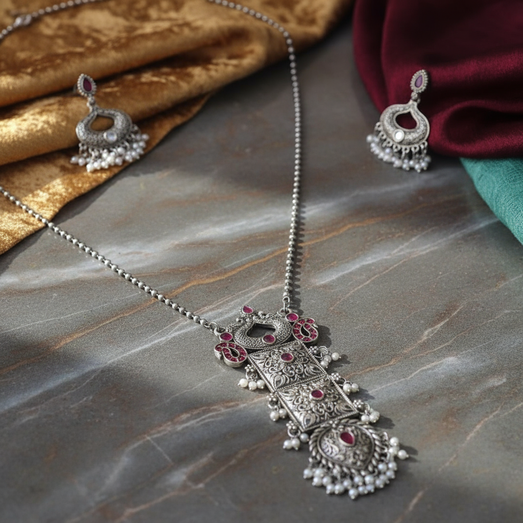 Oxidised Silver Long Pendant Necklace Set with Ruby Accents & Pearl Drops - Image 5