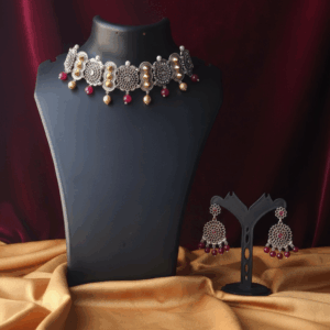 Oxidised Silver Choker Necklace Set with Ruby Beads & Matching Earrings