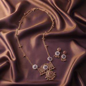 Antique Gold Long Necklace Set with Ruby-Tone Medallions & Matching Earrings