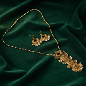 Antique Gold Temple Long Necklace Set with Green Stone Accents & Matching Earrings