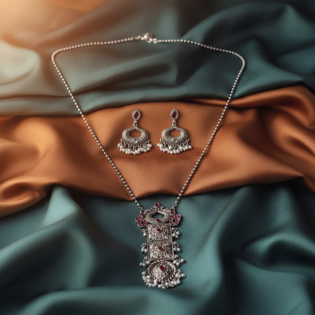 Oxidised Silver Long Pendant Necklace Set with Ruby Accents & Pearl Drops - Image 4