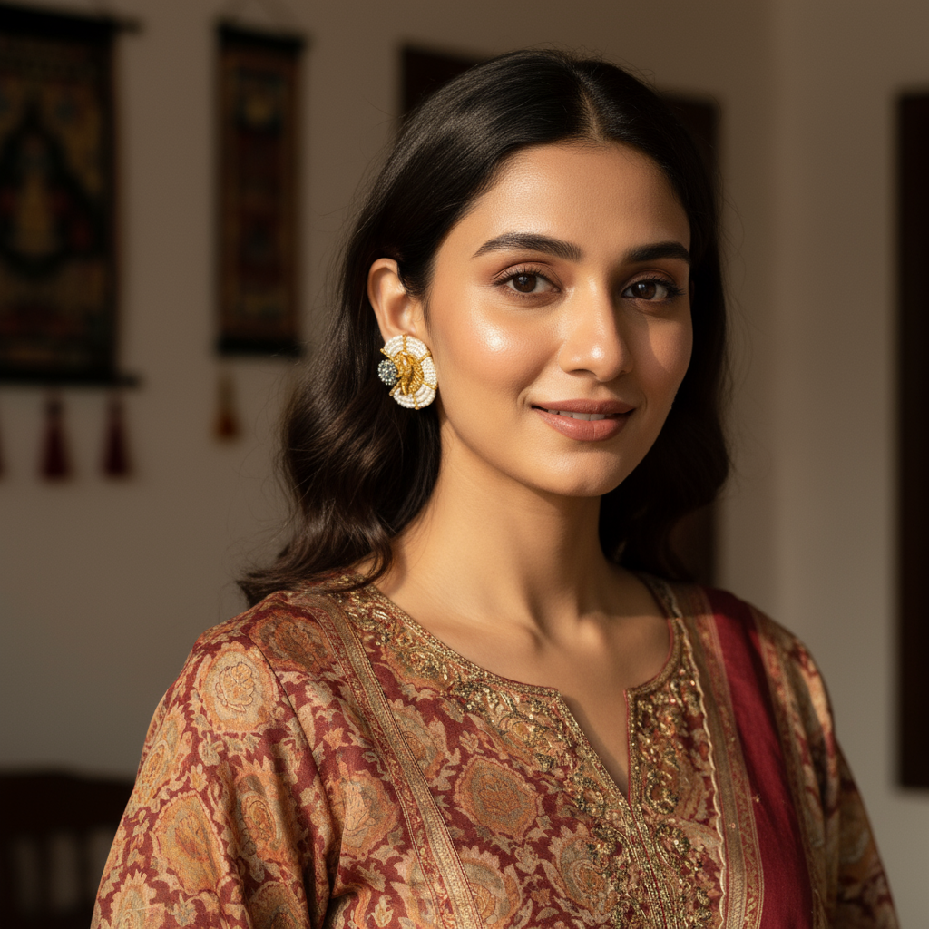 Handcrafted Antique Gold Peacock Stud Earrings with Pearl Bead Work - Image 3