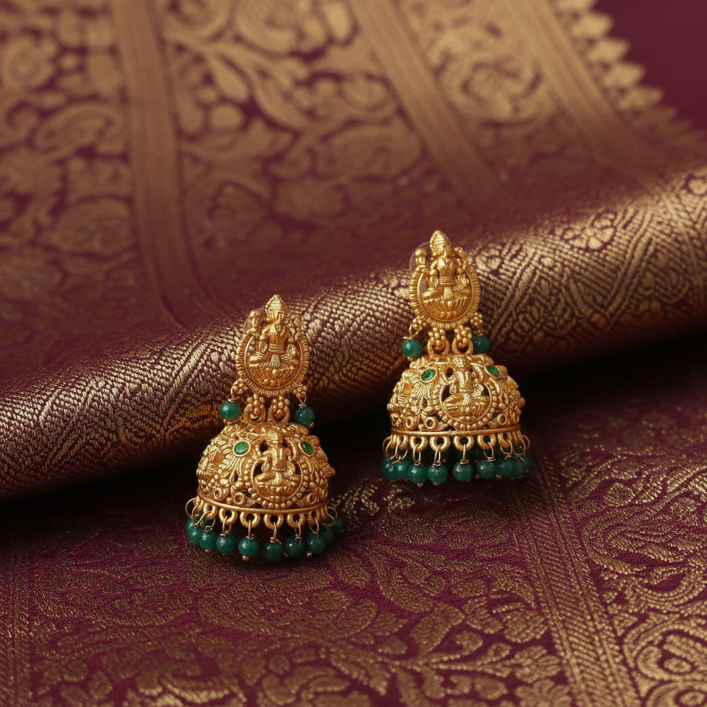 Traditional Gold-Toned Temple Jhumka Earring Green Beads Alloy Jhumki Earring - Image 5